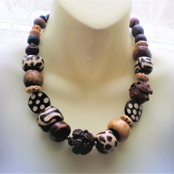 Tibetan Palm Tree Pumtek Dzi Beaded Graduated Necklace Sterling Clasp 20.5